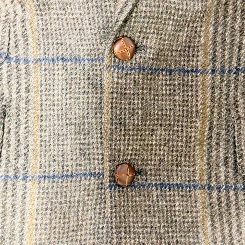 Lands End Charter Collection Mens Brown Plaid Wool Tweed Blazer Sport Coat USA